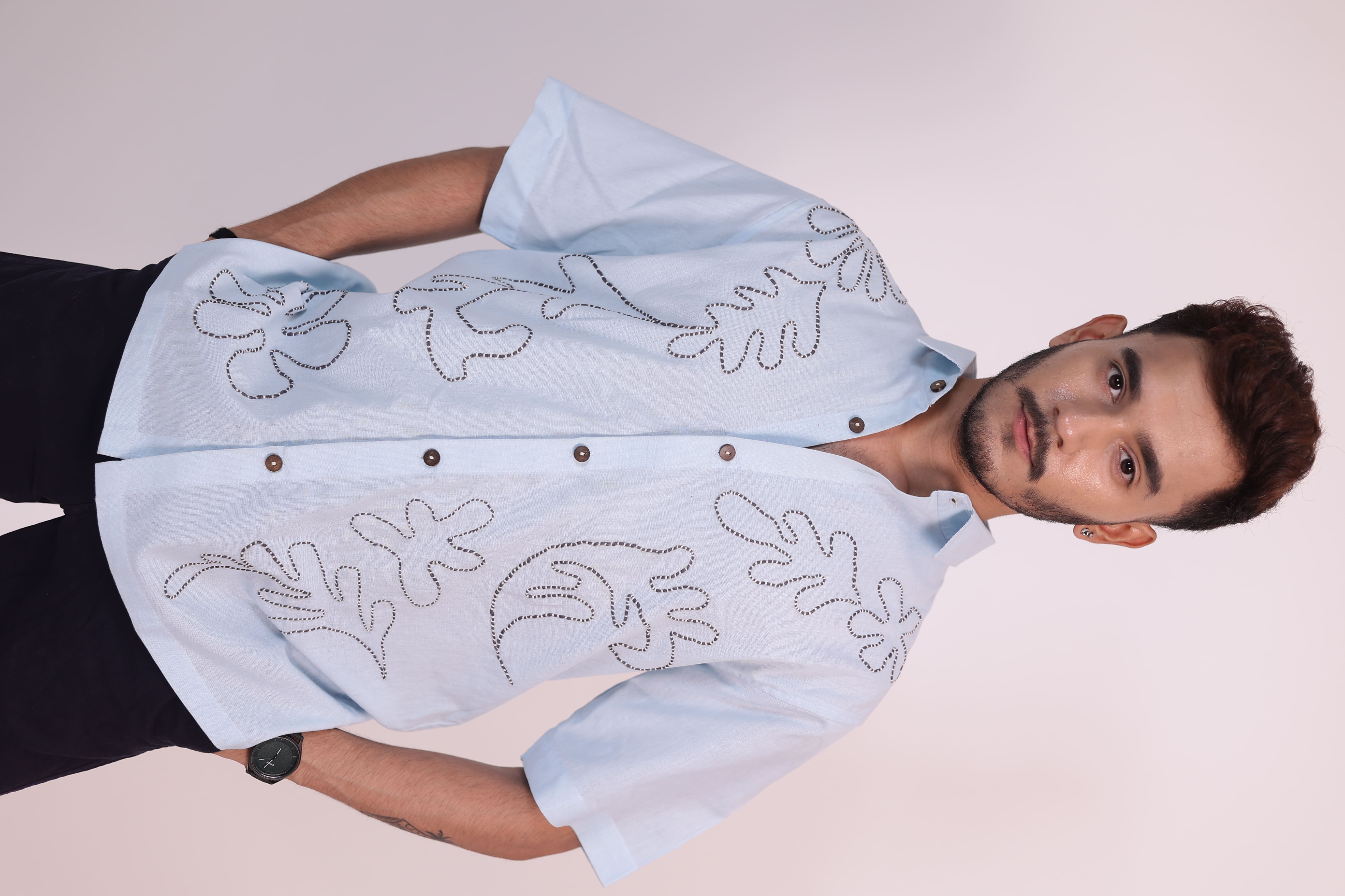 Azure Leaf Hand-Embroidered Shirt