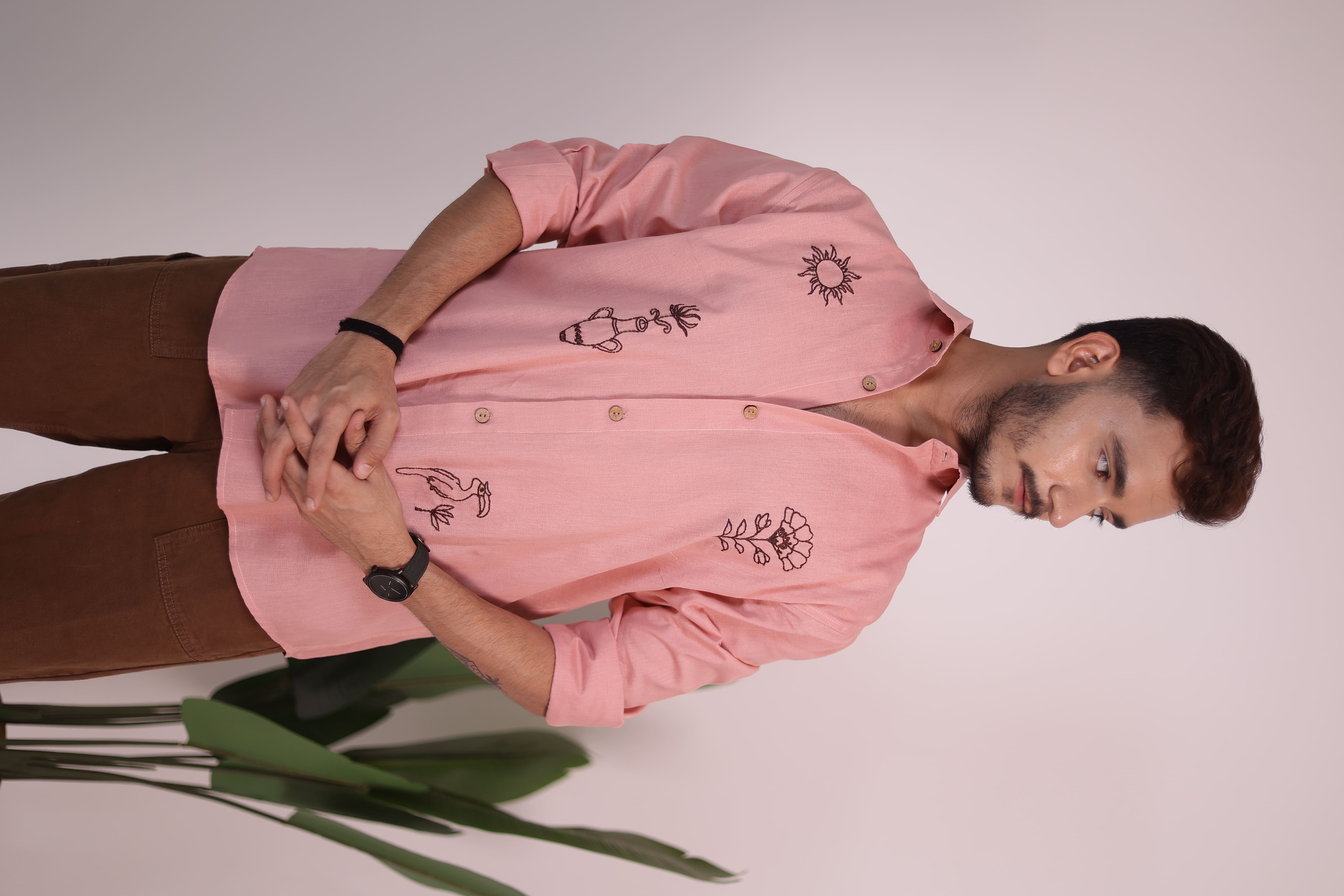 Salmon Pink Hand Embroidered Shirt view 1