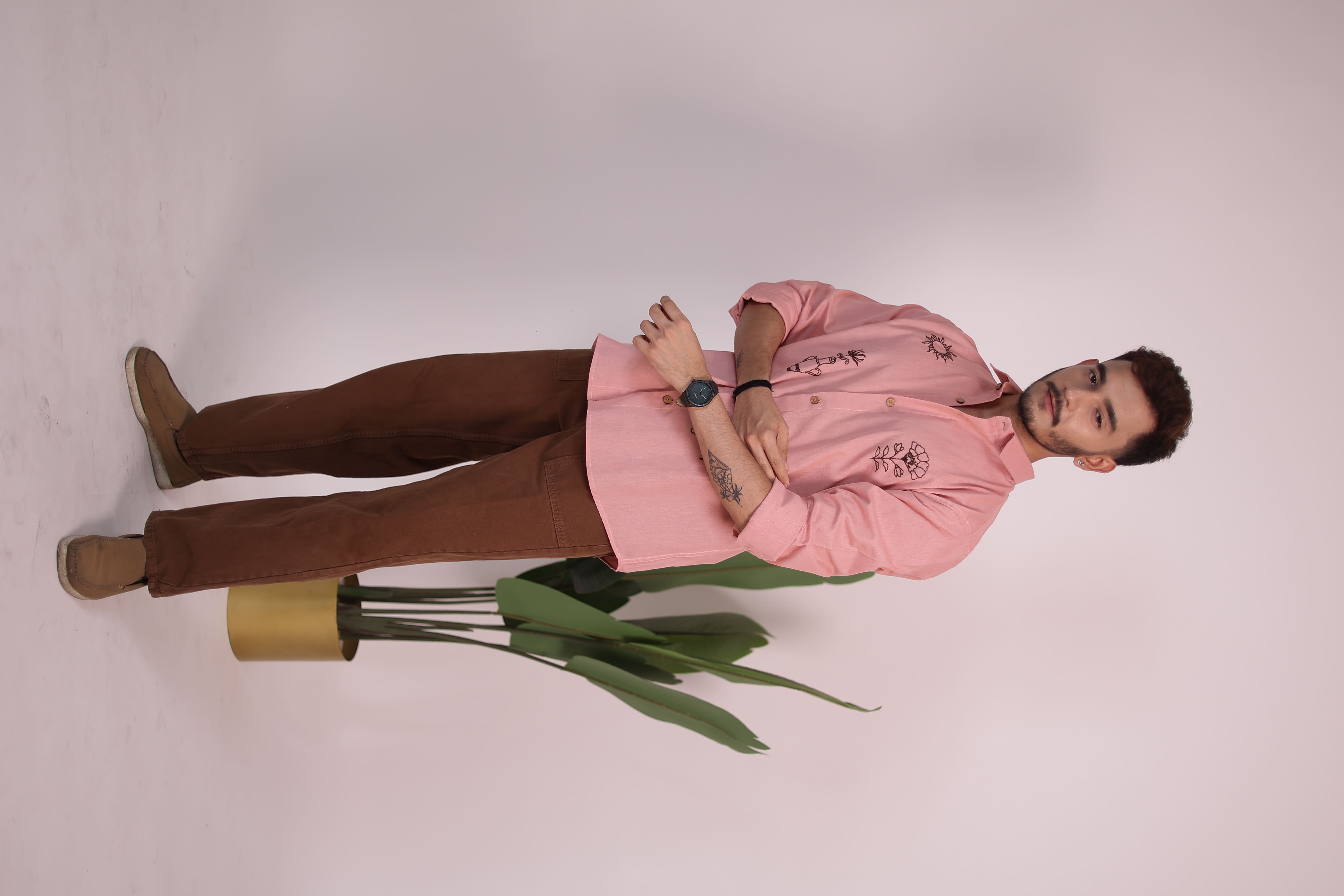 Salmon Pink Hand Embroidered Shirt view 2