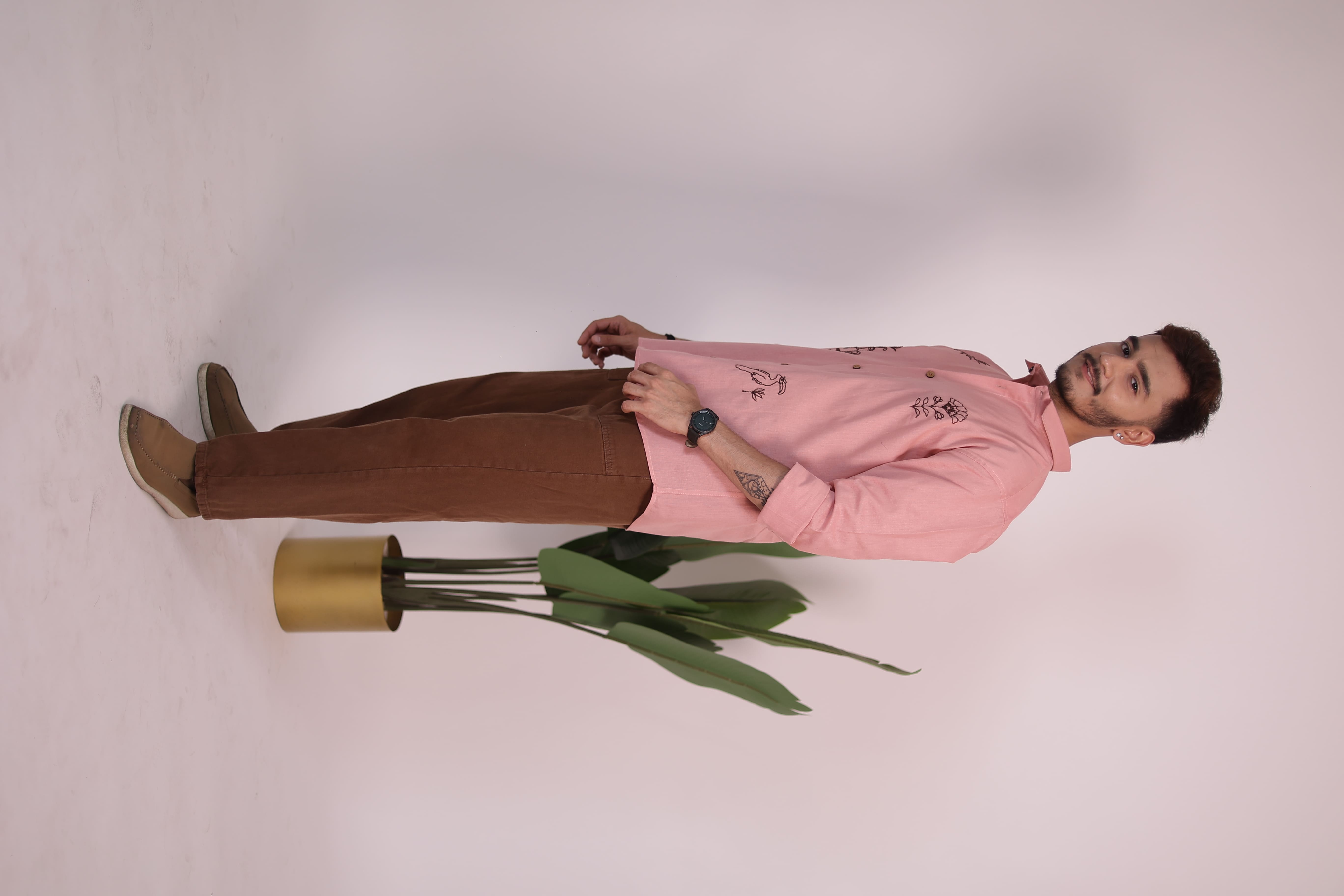 Salmon Pink Hand Embroidered Shirt view 4