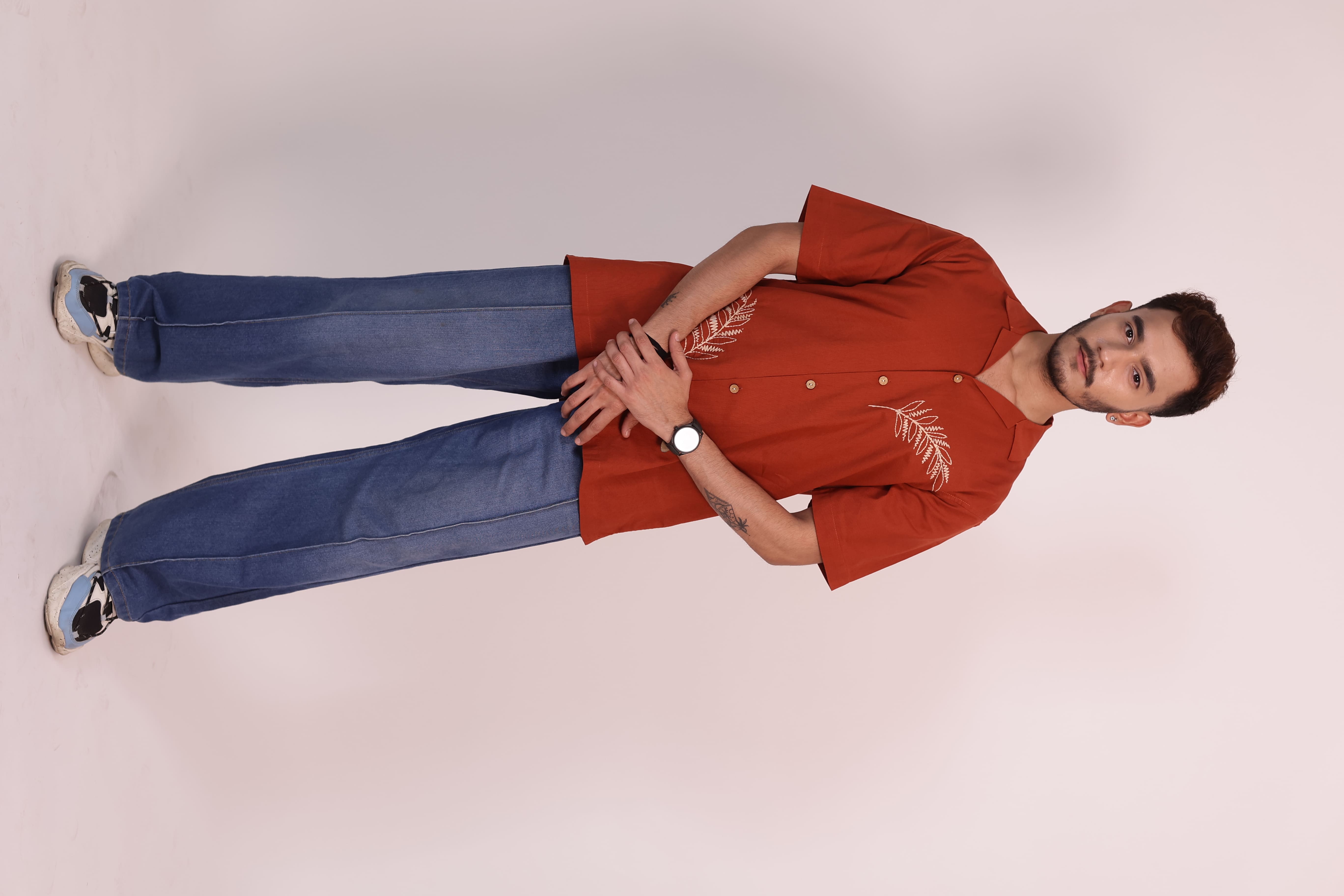 The Bract Hand Embroidered Rust Cotton Linen Shirt view 2