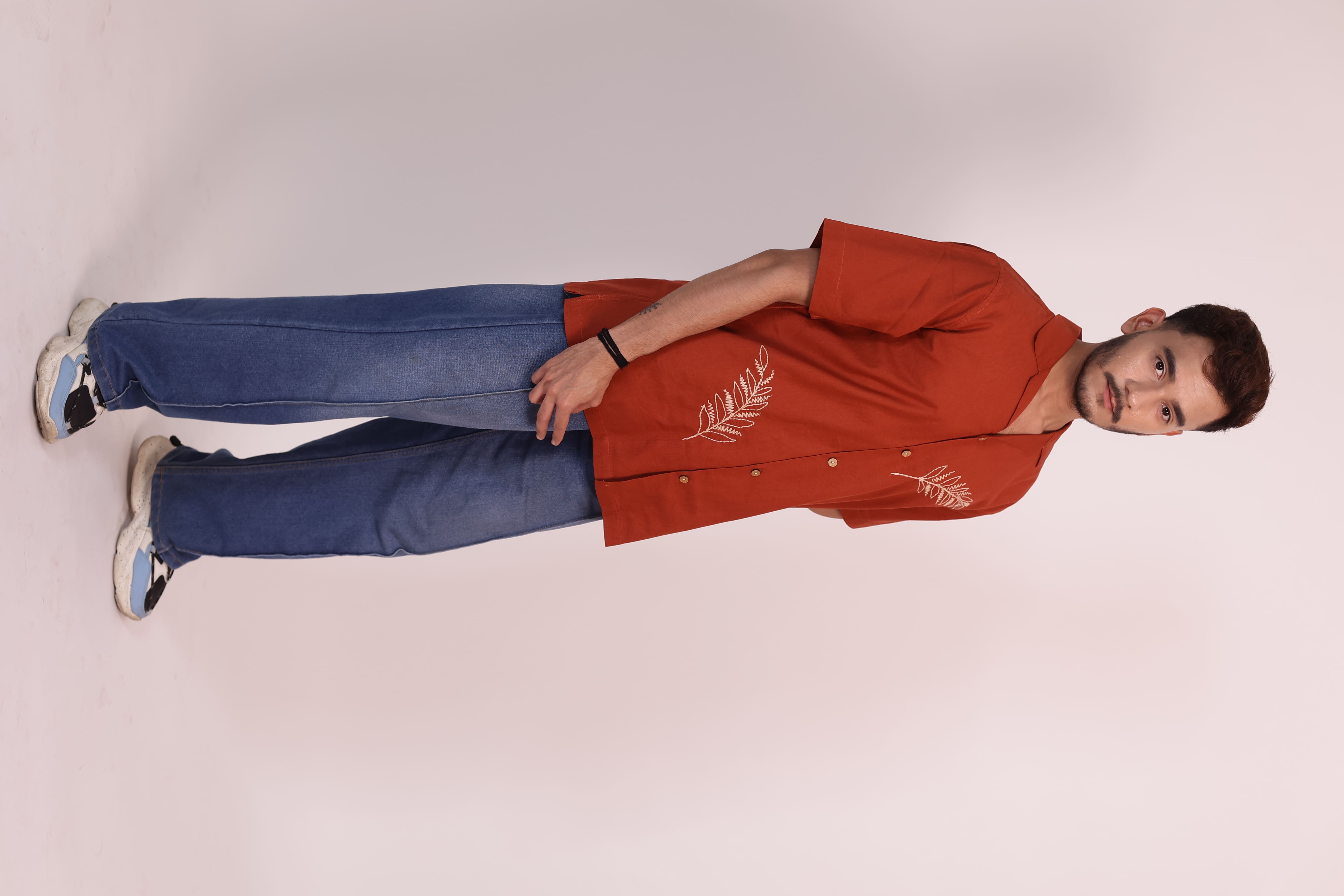 The Bract Hand Embroidered Rust Cotton Linen Shirt view 3
