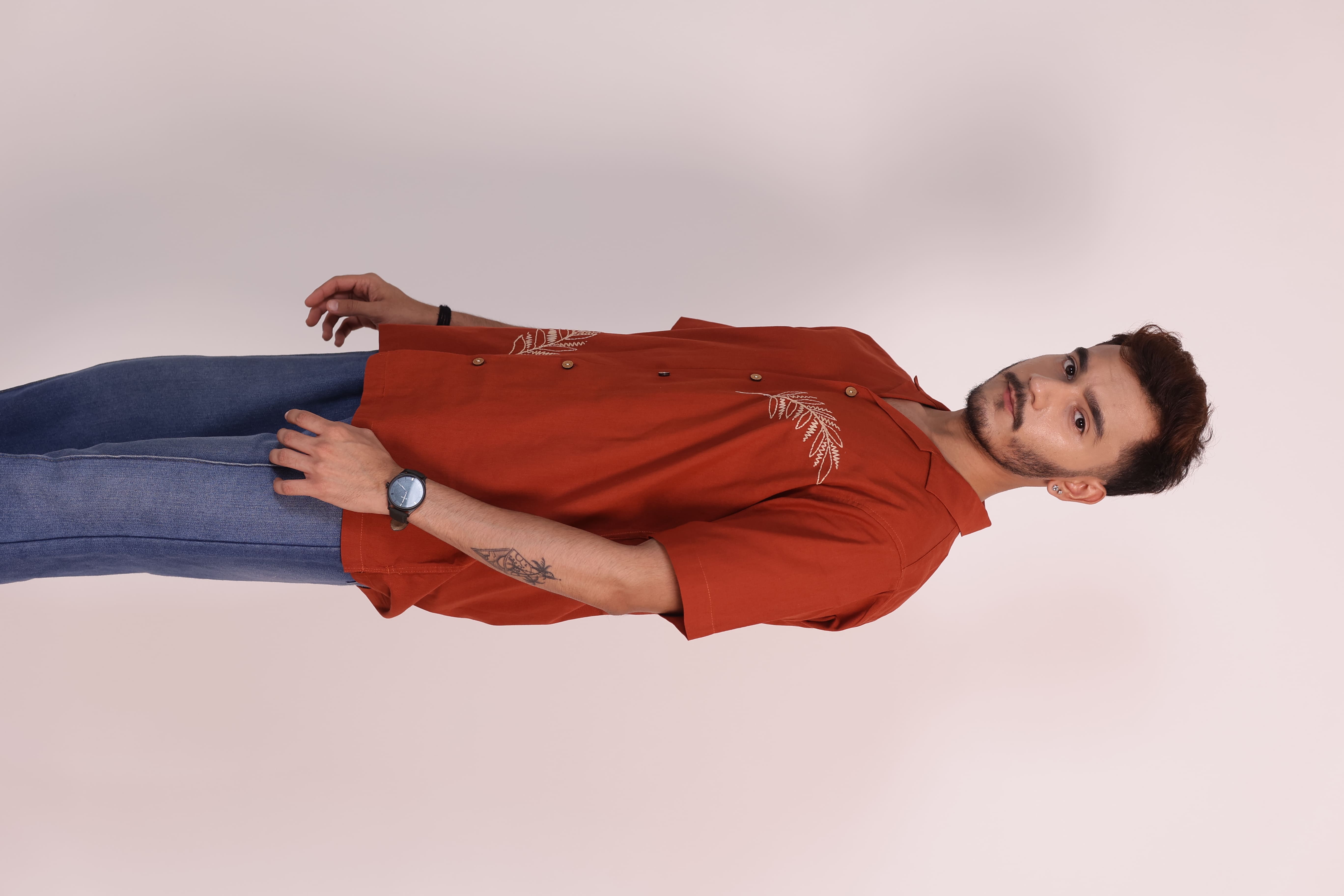 The Bract Hand Embroidered Rust Cotton Linen Shirt view 4