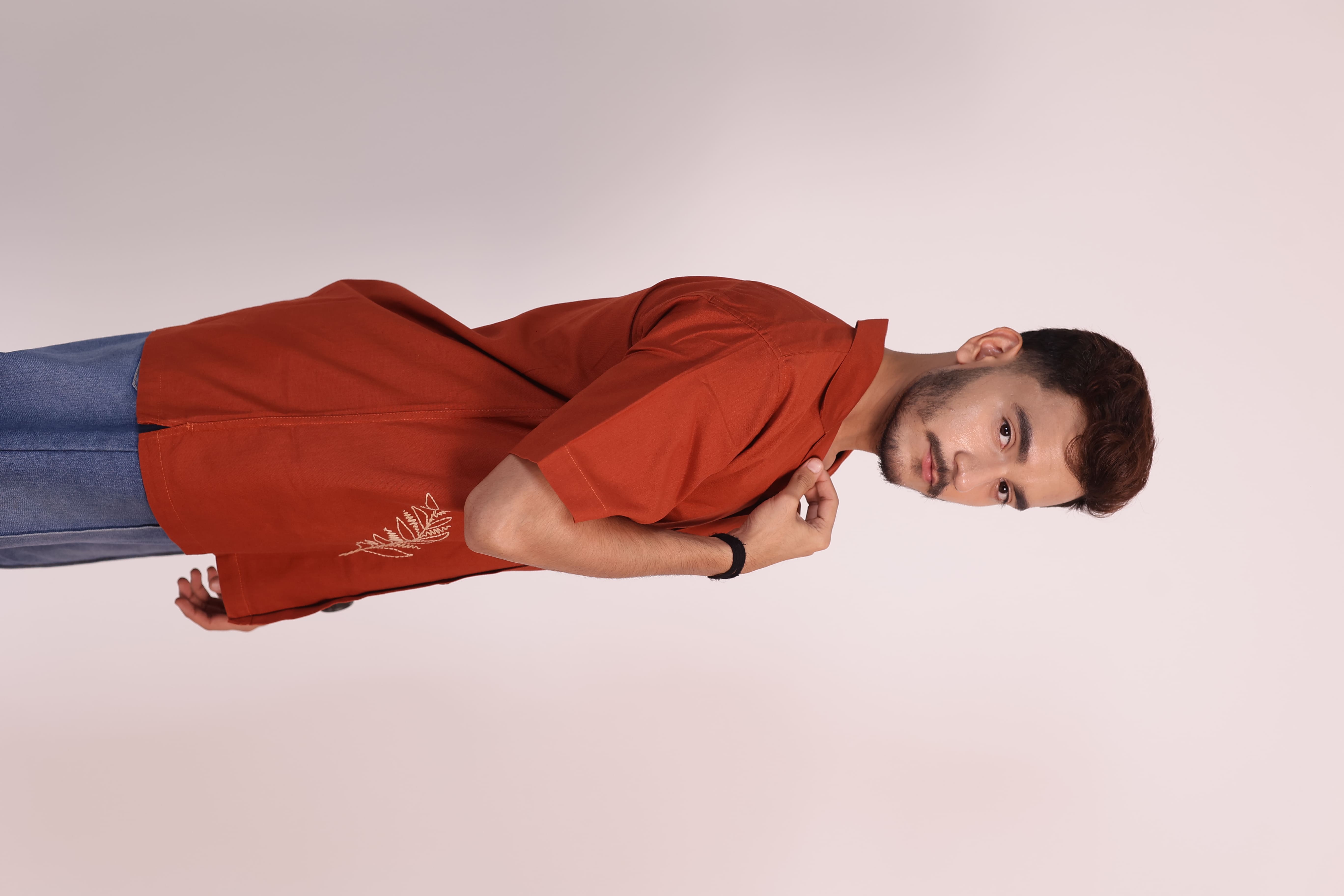 The Bract Hand Embroidered Rust Cotton Linen Shirt view 6
